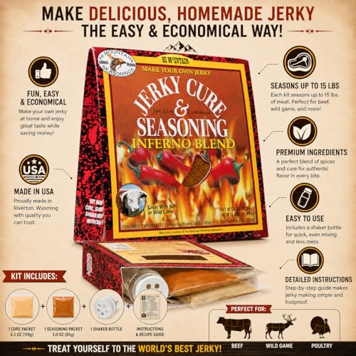 Hi Mountain INFERNO BLEND Jerky Seasoning and Cure Kit | Beef & Venison | Extreme spicy heat, perfect jerky seasoning for deer, elk