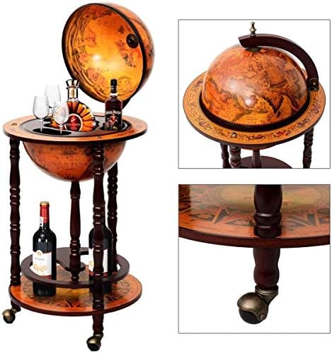 LUARANE 17” Wooden Wine Bar Stand Cart, Movable 16th Century Italian Replica Liquor Bottle Shelf Cabinet w/ Bottom Shelf & Wheels