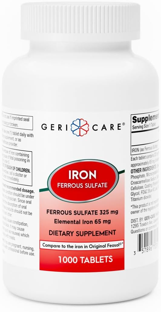 GeriCare Ferrous Sulfate Tablets 325mg, Elemental Iron 65 mg High Potency Iron Supplement | Dietary Supplement 100 Count. (Pack of 1)