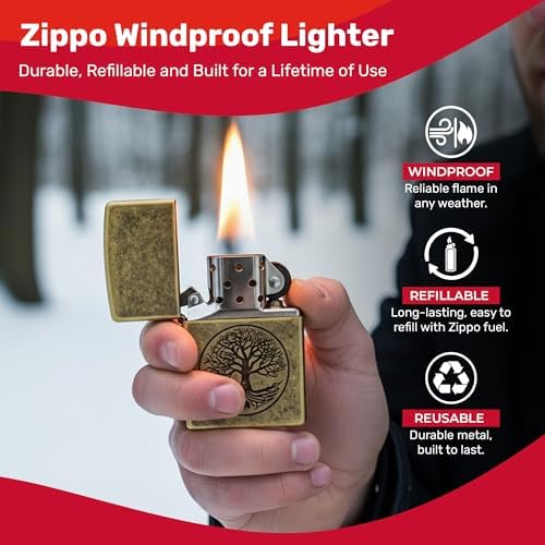 Zippo Tree of Life Pocket Lighter - Refillable Flip-Top Windproof Lighters - Spiritual and Symbolic Design Pocket Lighters - Luxury Metal Lighter Made in USA