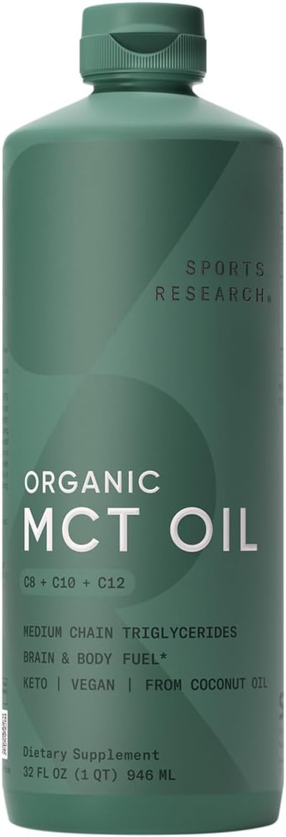 Sports Research® Organic Coconut MCT Oil 32oz, Unflavored | Brain & Body Fuel | Great in Keto Coffee & Protein Shakes | Vegan, Keto, Non-GMO - 63 Servings