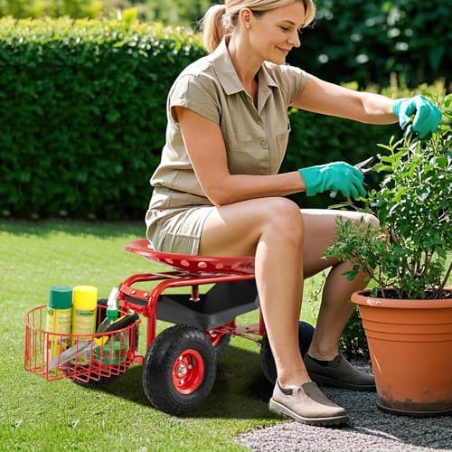 Giantex Rolling Garden Cart with Seat, 4-Wheel Gardening Workseat with Storage Basket, Swivel Stool Adjustable Seat, Steering Handle