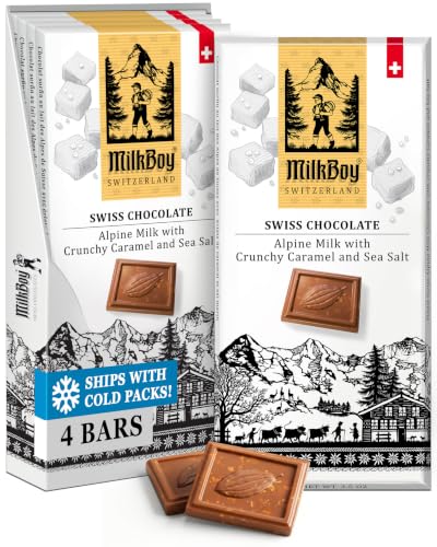 MilkBoy Swiss Chocolates Milk Chocolate Bars, Caramel Salt - 3 oz, 5 Pack | Premium gourmet treat with crunchy caramel and sea salt. Gluten free. Non-GMO. Kosher. Crafted in Switzerland.