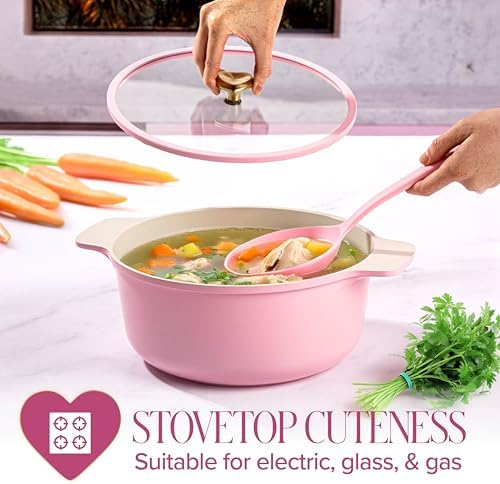 Paris Hilton Cast Aluminum Dutch Oven with Lid, Ceramic Nonstick Coating Made Without PFAS, PFOA, PFOS & PTFE, Heart Knob, 4.3-Quart, Pink