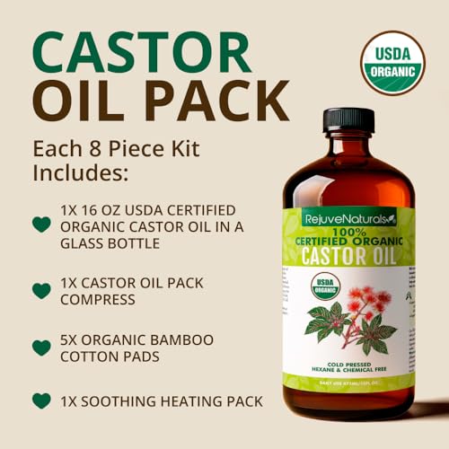 RejuveNaturals Castor Oil (16oz Glass Bottle) USDA Certified Organic, 100% Pure, Cold Pressed, Hexane Free. Boost Hair Growth for Thicker, Fuller Hair, Lashes & Eyebrows.