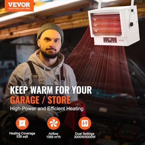 VEVOR Electric Garage Heater, 5000 Watt Digital Fan Forced Wall Ceiling Mount Shop Heater, Remote Control, Overheat Protection