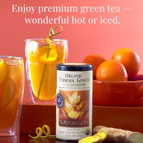 The Republic of Tea Organic Turmeric Ginger Green Tea, Low Caffeine, 50 Ct | A gentle cup for everyday sipping. Fresh and lightly vegetal with notes of warming spice and sweet cinnamon.