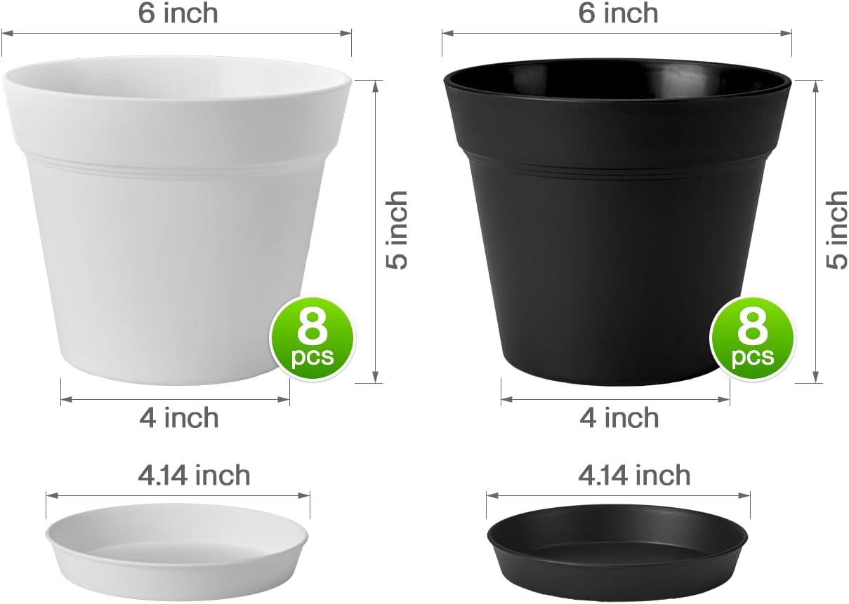 homenote 7.5 Inch Plastic Flower Pots with Drainage Holes and Trays (8 Pcs)