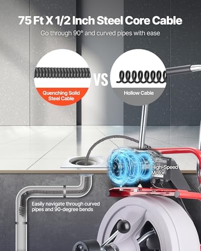 VEVOR Drain Cleaner Machine 100 FT x 1/2 Inch, Auto Feed Sewer Snake Drain Auger on Wheels, Portable Drain Cleaning Machine with 8 Cutters & Air-Activated Foot Switch for 2" to 6" Pipes