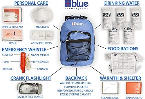 Family 4 Pack - Blue Seventy-Two Standard 72 Hour Emergency Backpack Survival Kit for 1 Person | Survival Kit for Wildfires, Earthquake, Tornado