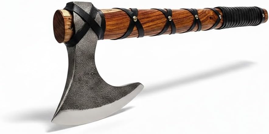 Poshland AX-7000 Custom Gift Forged Carbon Steel Viking Axe with Rose Wood Shaft, Viking Bearded Camping Axe