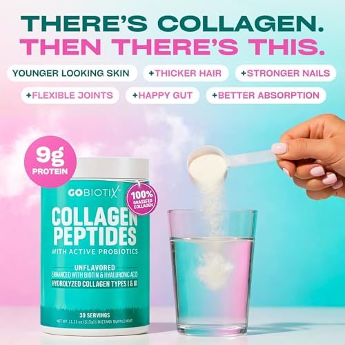 GOBIOTIX Collagen Peptides Powder with Probiotics, Biotin & Hyaluronic Acid - Hydrolyzed Collagen Supplement for Women - Hair Skin Nails