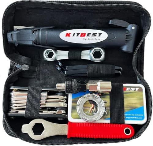 Bike Repair Bag with Tire Pump and Portable Bicycle Kit for Camping Travel | All in One Tool kit, 16 in 1 Bike Multitool, Bike Glueless Patches, Bicycle Tire Repair Kit, Fits Mountain & Road Bike