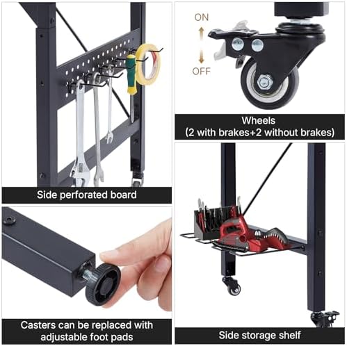 Zevemomo 48" Adjustable Height Workbench with Pegboard, Work Benches for Garage, Heavy Duty Wood Top Work Bench with Wheels, 2000 LBS Load Capacity
