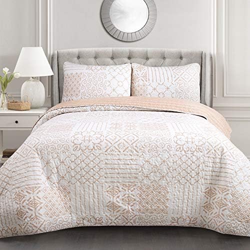 Lush Decor Monique 3 Piece Reversible Print Pattern Blue Quilt Set - Full Queen