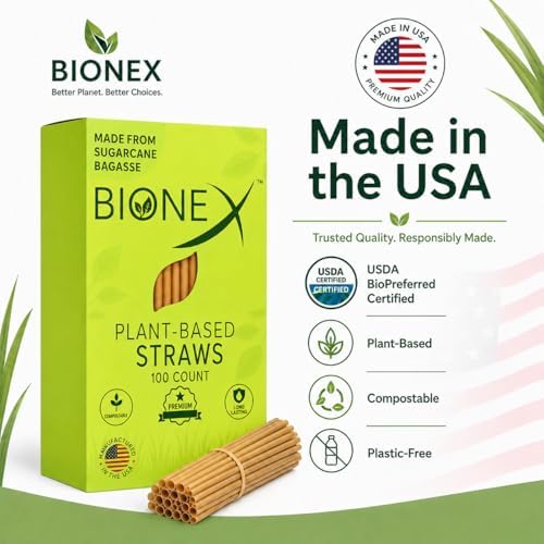 Bionex 8” Sugarcane Straws, 100 Count – Biodegradable & Compostable Disposable Drinking Straws, Made in USA