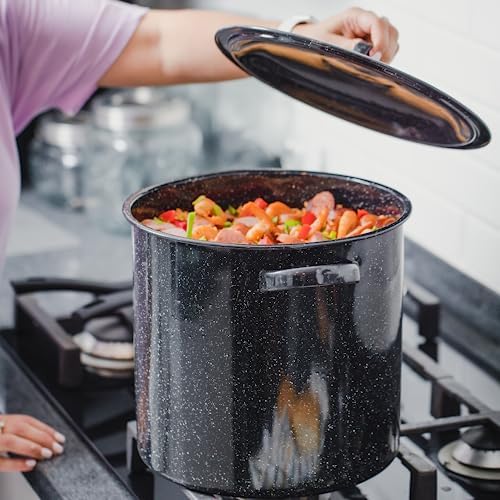 Granite Ware 15.5 Qt Stock Pot with Lid - Speckled Black | Graniteware Stockpot, 15.5 Qt, Porcelain Fused To Steel, Even-Heating Steel Core