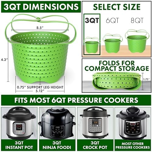 Avokado Silicone Steamer Basket for 3qt Instant Pot [6qt, 8qt avail], Other Pressure Cookers - 100% Food Safe, BPA-Free