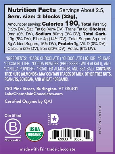 Lake Champlain Organic Dark Chocolate Almonds & Sea Salt Candy Bar, 3 Ounces (12 Pack)