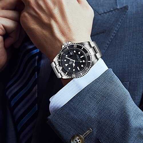 FANMIS Mens Luxury Watches Rotatable Bezel Sapphire Glass Luminous Hand Quartz Silver Tone Stainless Steel Watch