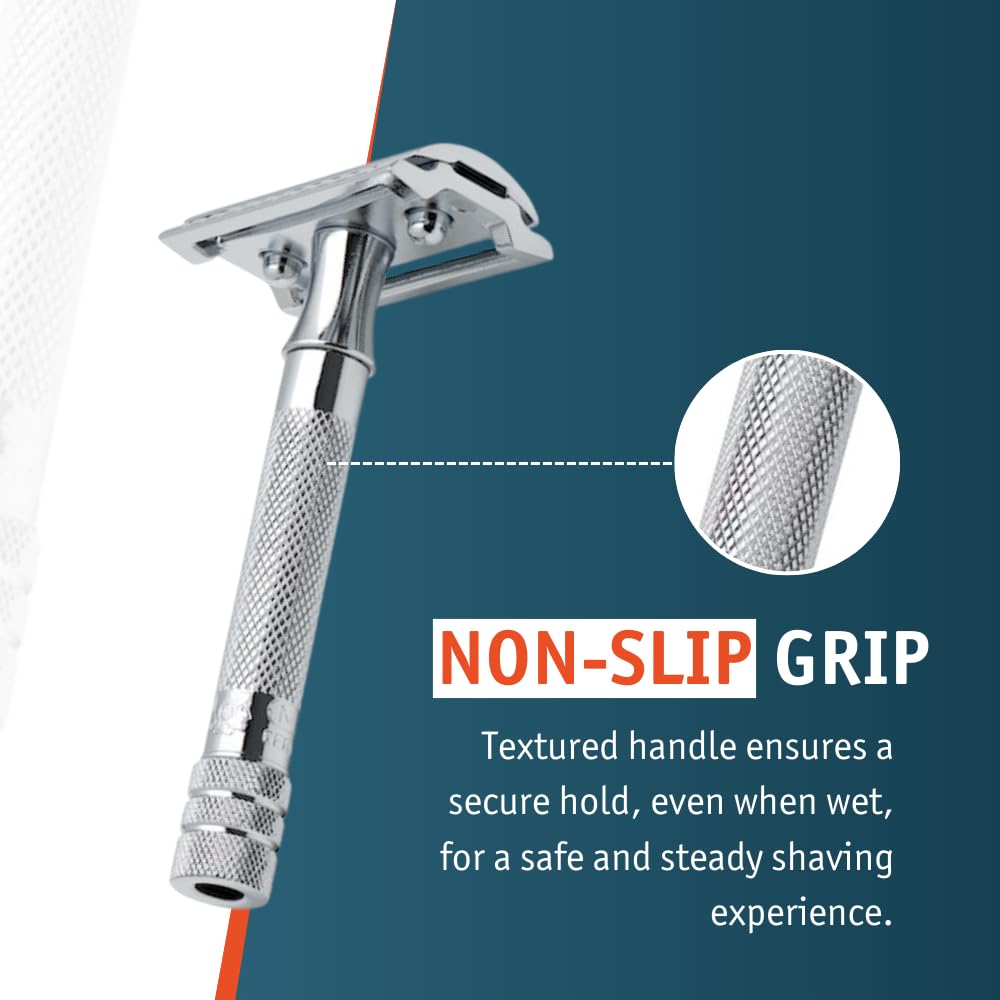 MERKUR 23C Double Edge Safety Razor - Polished Chrome, Long Knurled Brass Handle, Made in Germany, Plastic-Free, Three Piece Design, Closed Comb, Straight Bar