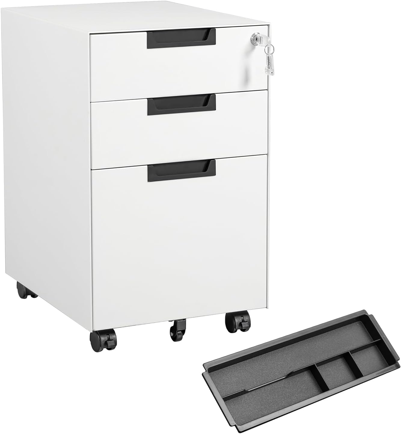 MIIIKO 3 Drawer File Cabinet with Lock, Metal Lateral Rolling Printer Stand Filing Cabinets for Home Office Storage,A4, Letter,File Folders(White)