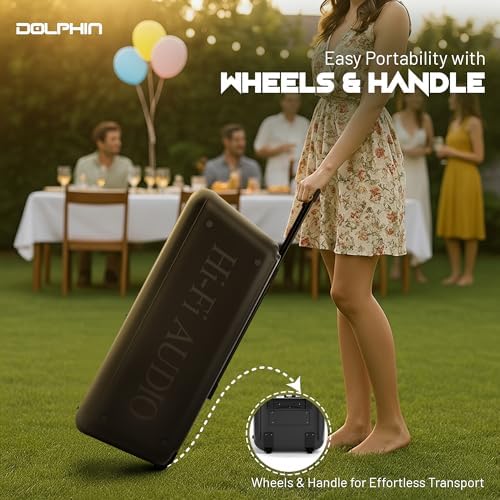 Dolphin Bluetooth Party Speaker with 2 Wireless Mics, Dual 10" Woofers | 1000W Output, SD/FM/USB/AUX/RCA, Guitar & Mic Inputs, Multicolor LED Lights
