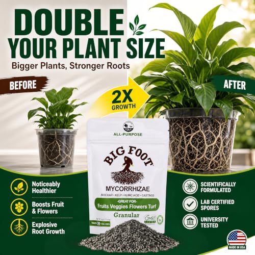 Big Foot Mycorrhizae - Double Your Plant Size, Easy to Use, Made in USA, Treats 30 Plants (7,500 Mycorrhizal Spores) Fertilizer, 4 Ounce Package (4 oz)