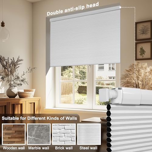 No Drill No Tools Blackout Cellular Shades, White, Custom Size | No Tools Honeycomb Blinds for Indoor Windows.Easy to Install