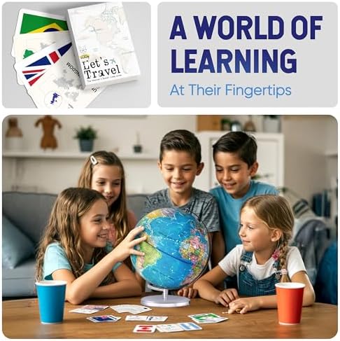 SMART WALLABY 9" Illuminated Educational Kids World Globe + STEM Flags & Countries Interactive Card Game. 3 in 1 Children Desktop Spinning Earth