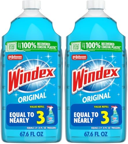 Windex refill glass and window cleaner, made from 100% recycled plastic, surface cleaning spray, original blue scent, 2L (67.6 fl oz)