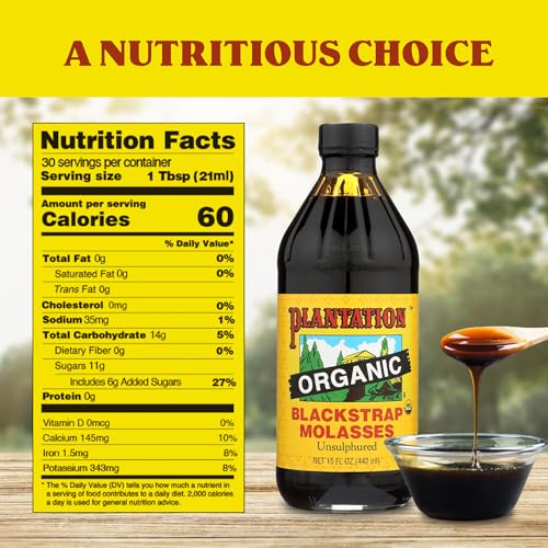 Plantation Organic Blackstrap Molasses 15 oz – USDA Organic Unsulphured Blackstrap Molasses, Natural Sweetener for Baking, Cooking & Beverages