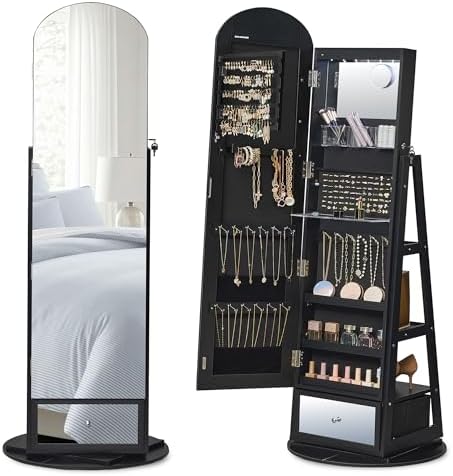 SONGMICS 360° Swivel Jewelry Cabinet, Full-Length Mirror, Lockable