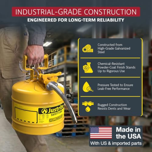 Justrite Type II Diesel Fuel Can, Yellow Galvanized Steel, FM Approved | Flammable Liquid Storage Can with Controlled Pouring, 5 Gallon Capacity