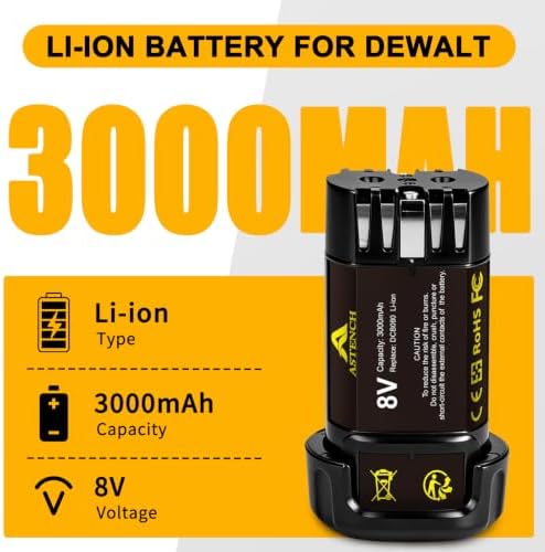 2 Pack 3000mAh 8V Li-ion Replacement Battery Compatible with DEWALT DCB080 DCF680N1 DW4390 DCF680N2 DCL023 DCF680 DCB095 DCF682 Cordless Power Tools