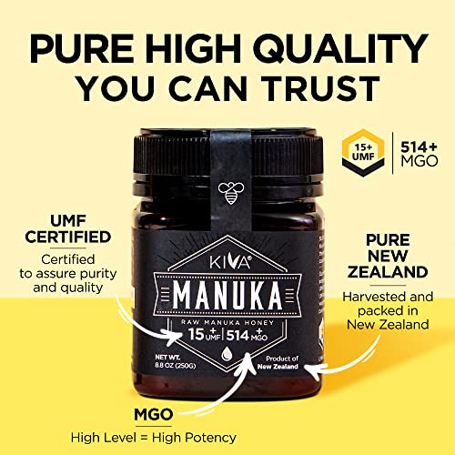 Kiva Raw Manuka Honey - Certified UMF 15+, MGO 514+ 100% Pure Genuine New Zealand, Non-GMO, Traceable (8.8oz/250g Bottle)