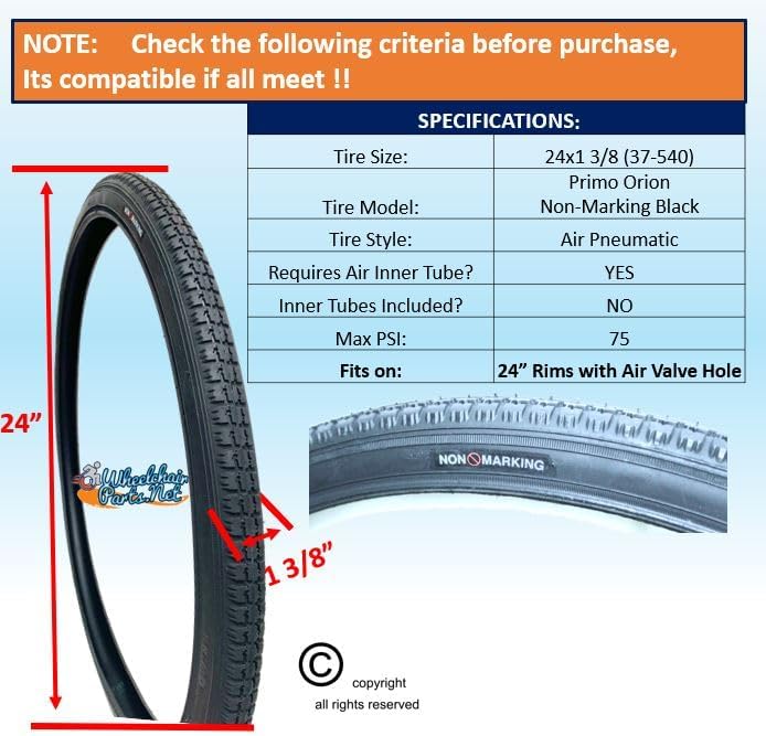 24 X 1 3/8" (37-540m) Pneumatic TIRE, Black Non-Marking. Price is for a Set of 2 Tires