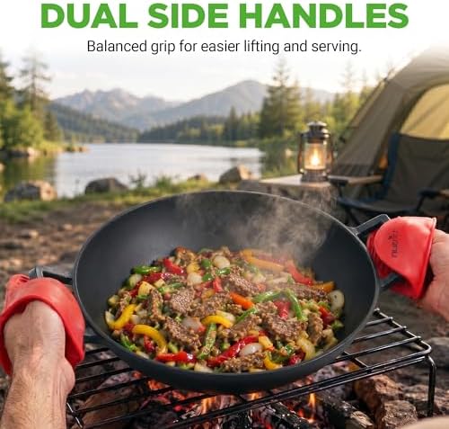 NutriChef 14" Cast Iron Wok with Wooden Lid - Pre-Seasoned Kadai for Stir-Fry with Loop Handles, Compatible with Multiple Cooktops Including Induction