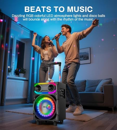 Karaoke Machine for Adults with 2 Wireless Microphones, BT PA System with Disco Ball LED Lights, Rolling Wheels, Tablet Holder, Remote Control