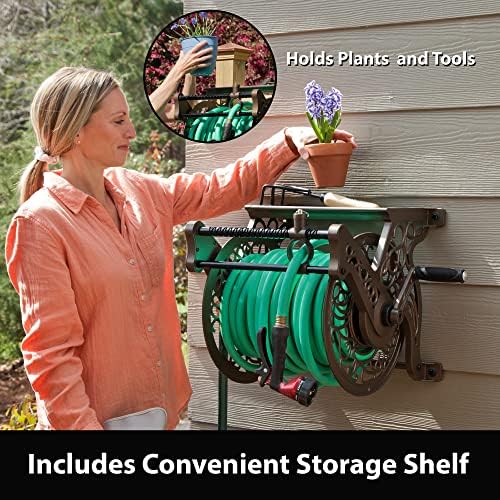 Liberty GARDEN 704 Decorative Cast Aluminum Wall Mount Garden Hose Reel, Holds 125-Feet of 5/8-Inch Hose - Bronze