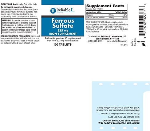 Reliable 1 Ferrous Sulfate 325mg 100 Red Tablets (2 Bottles)