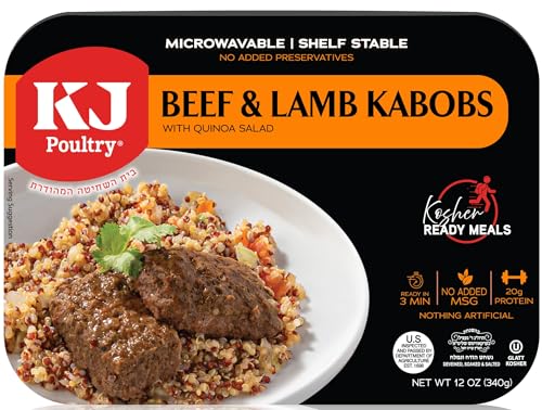 KJ Poultry Kosher Ready Meals - Beef Lamb Kabob & Quinoa, MRE Meat Meals Ready to Eat (1 Pack) Prepared Entree Fully Cooked, Shelf Stable Microwave Dinner Travel, Military, Camping, Emergency Survival