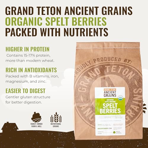 Grand Teton Ancient Grains - 100% Organic Spelt Berries, Whole Unmilled Spelt Berries, US-Grown Farro Organic Grain, Nutritious Baking Staple