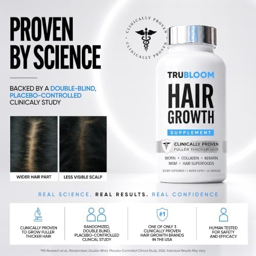 TRU BLOOM Hair Vitamins for Women and Men | Clinically Proven Hair Growth Supplements for Thinning Hair, Hair Loss, Thicker Fuller Hair | Biotin Collagen Keratin, Hair Growth Vitamins with DHT Blocker