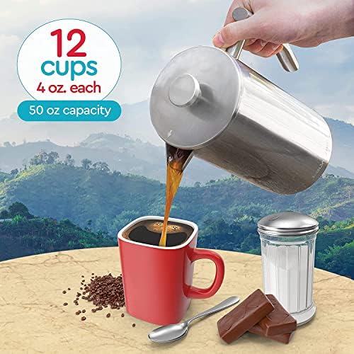 French Press Coffee Maker - 50oz Stainless Steel, Insulated Coffee Press | Large 6 Cup 50oz Capacity, Double Wall Keeps Coffee Hot, 4 Level Filter for Ground Free Coffee, 2 Extra Filters, Matte Black