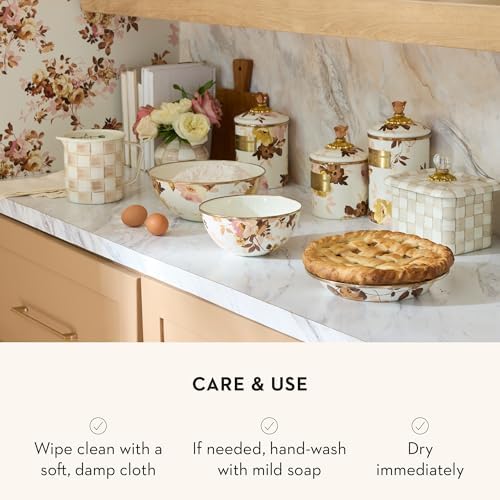 MACKENZIE-CHILDS Enamel Canister, Small, Wild Rose Brown | Hand-applied design, made from enameled steel, versatile kitchen storage container for flour and sugar, 38-ounce capacity