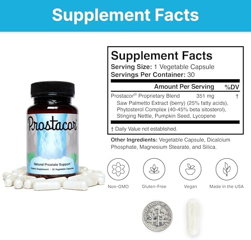 Prostacor Natural Prostate Support Supplement for Men, Vegan, Gluten-Free | Supports Healthy Urine Flow, Fewer Urges, Bladder Control