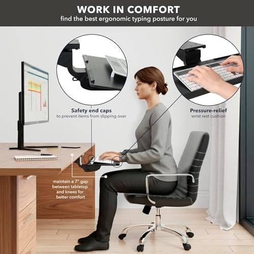 Mount-It! Under Desk Keyboard Tray, Adjustable Slide-Out Keyboard & Mouse Platform, 26.38" W × 10" D, Ergonomic Wrist Rest, Height Tilt & Swivel
