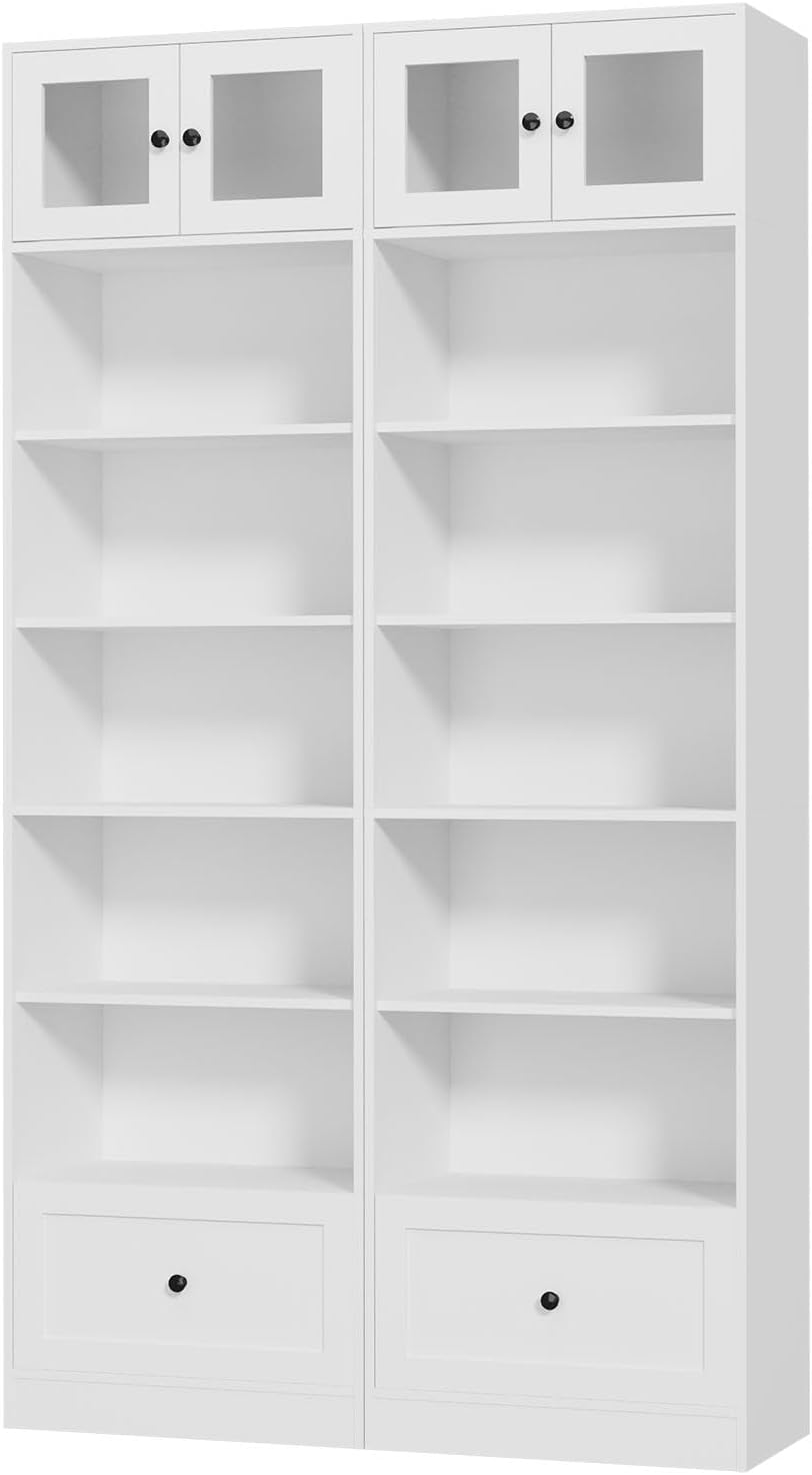 TUSY 85.5 Inch Tall Bookshelf with Doors - 7 Tier Bookcase with Glass Doors and Drawer, 23.6" Wide Storage Cabinet with Open Shelves for Living Room, White Book Shelf for Home Office, Study (AAAA)