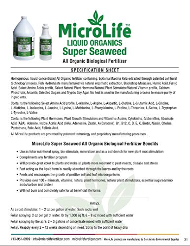 MicroLife Super Seaweed Professional Grade Organic Liquid Concentrate Root Stimulator & Foliar Nutritional Spray for All Plants, 1 Gallon